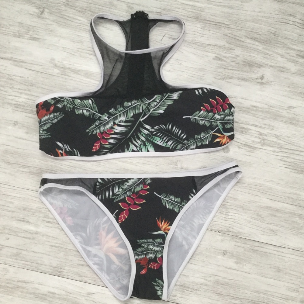 Black & Floral Tropical Bikini  - Size L